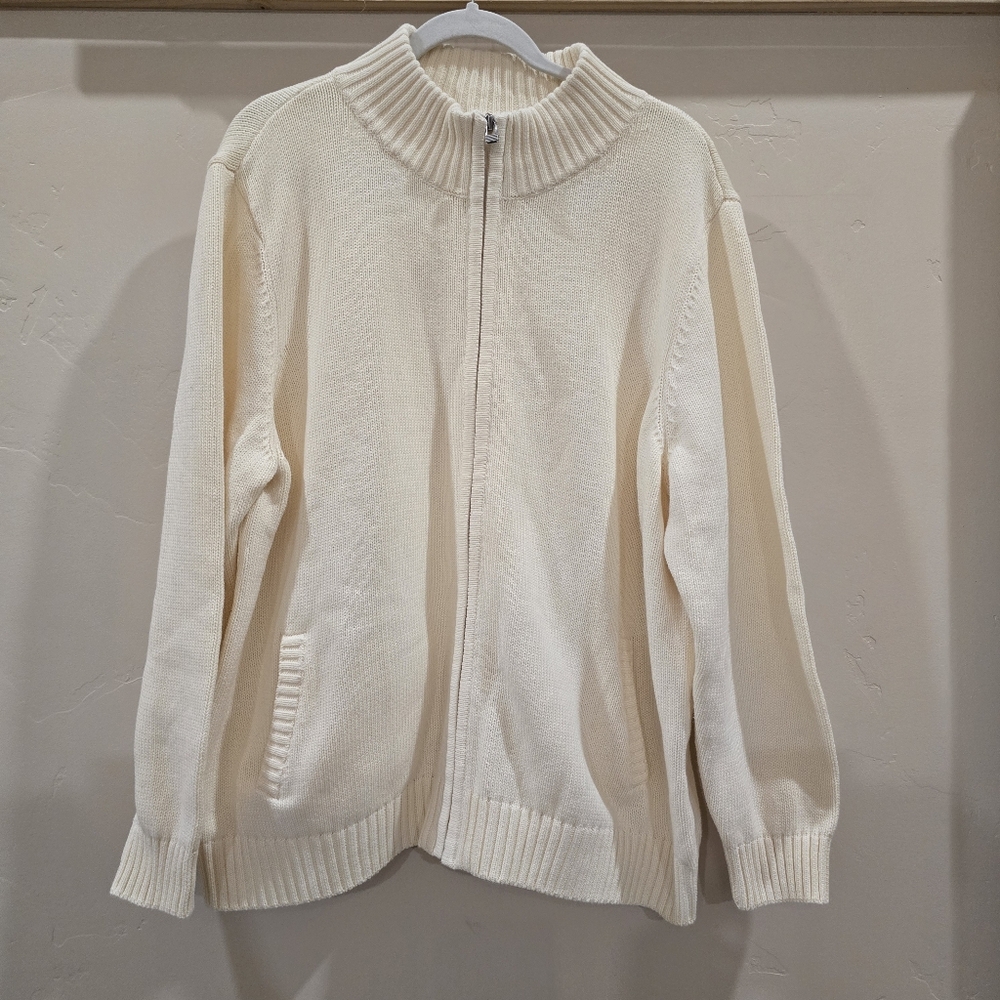 Appleseed’s Women 3X Full Zip Cardigan Cream Mock Neck Classic Cotton